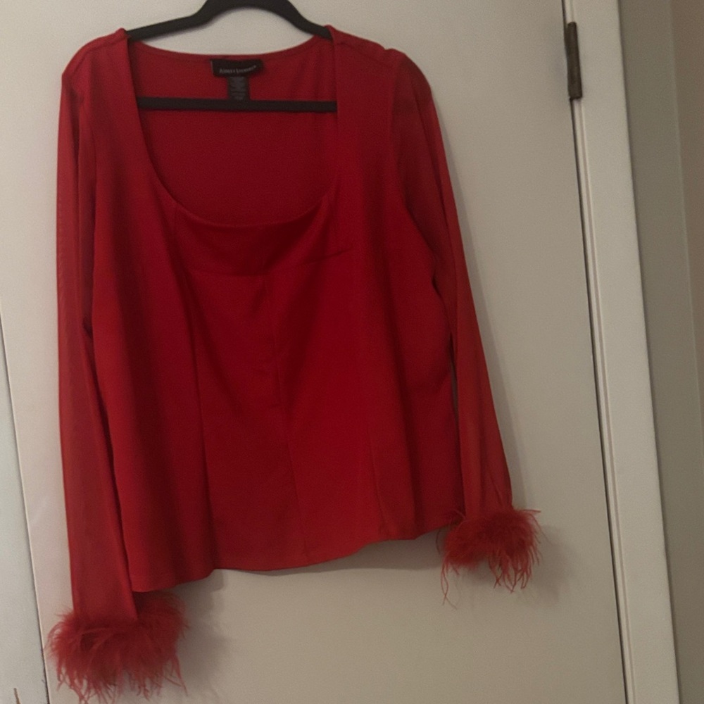 Ashley Stewart Vibrant Red Blouse with Feather Cuffs
